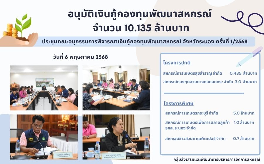 อนุมัติเงินกองทุนพัฒนาสหกรณ์ จำนวน 10.135 ล้านบาท